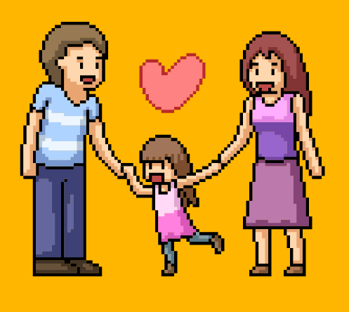 ilustração de uma familia com uma criança menina pulando segurando as mãos dos pais.