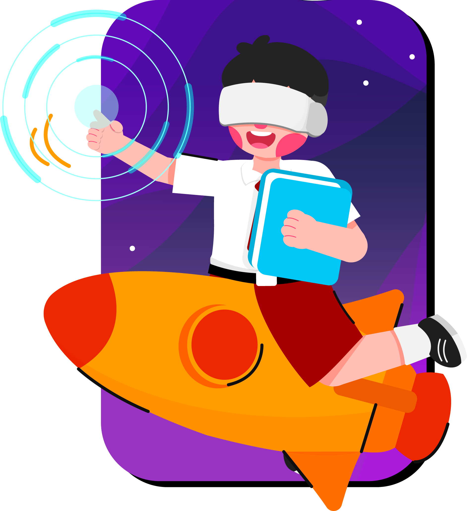 ilustração de um menino em cima de um foguete tocando no espaço.